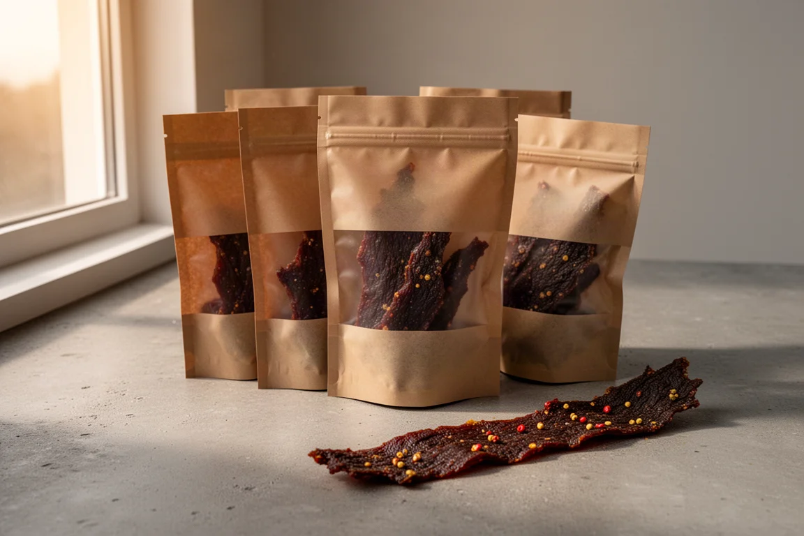 Assorted jerky bags and a torn strip of jerky on a concrete surface