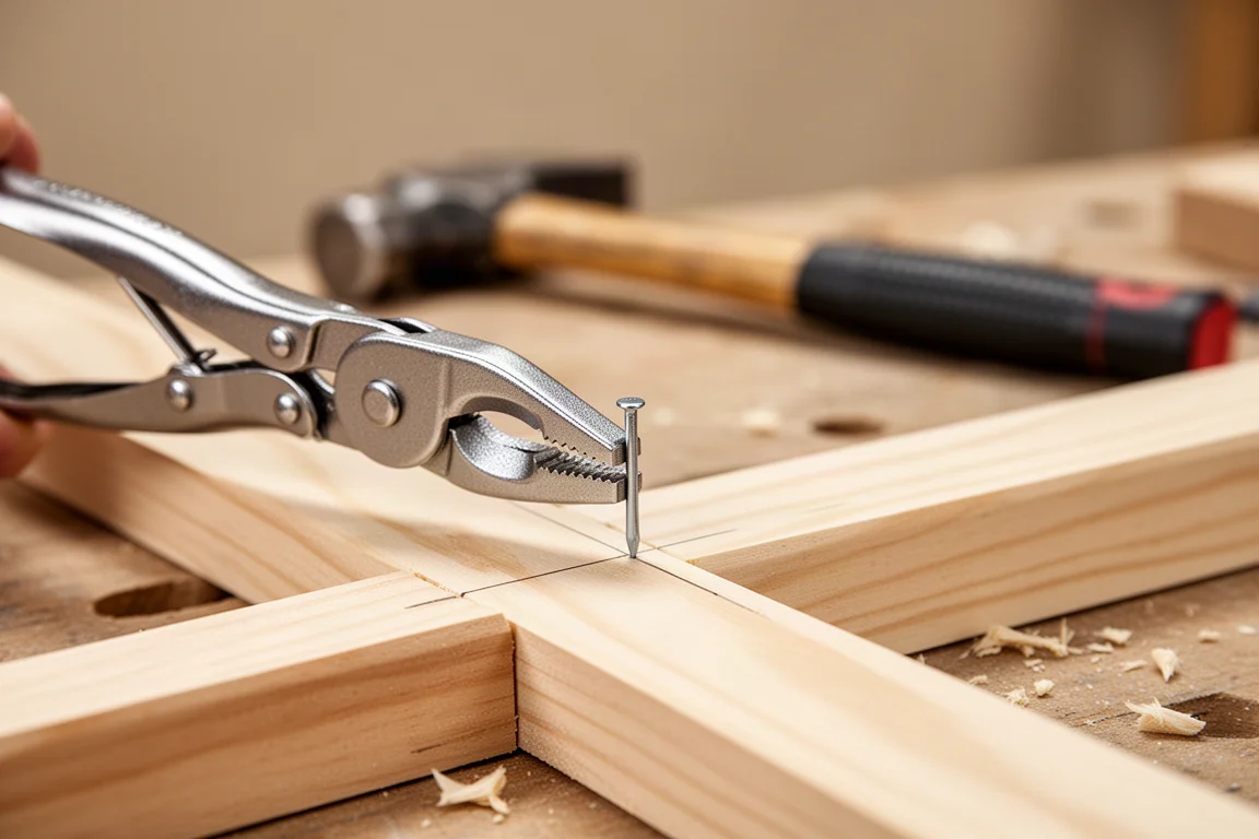 Close-up of a holding plier gripping a finishing nail at a marked pencil line on wood