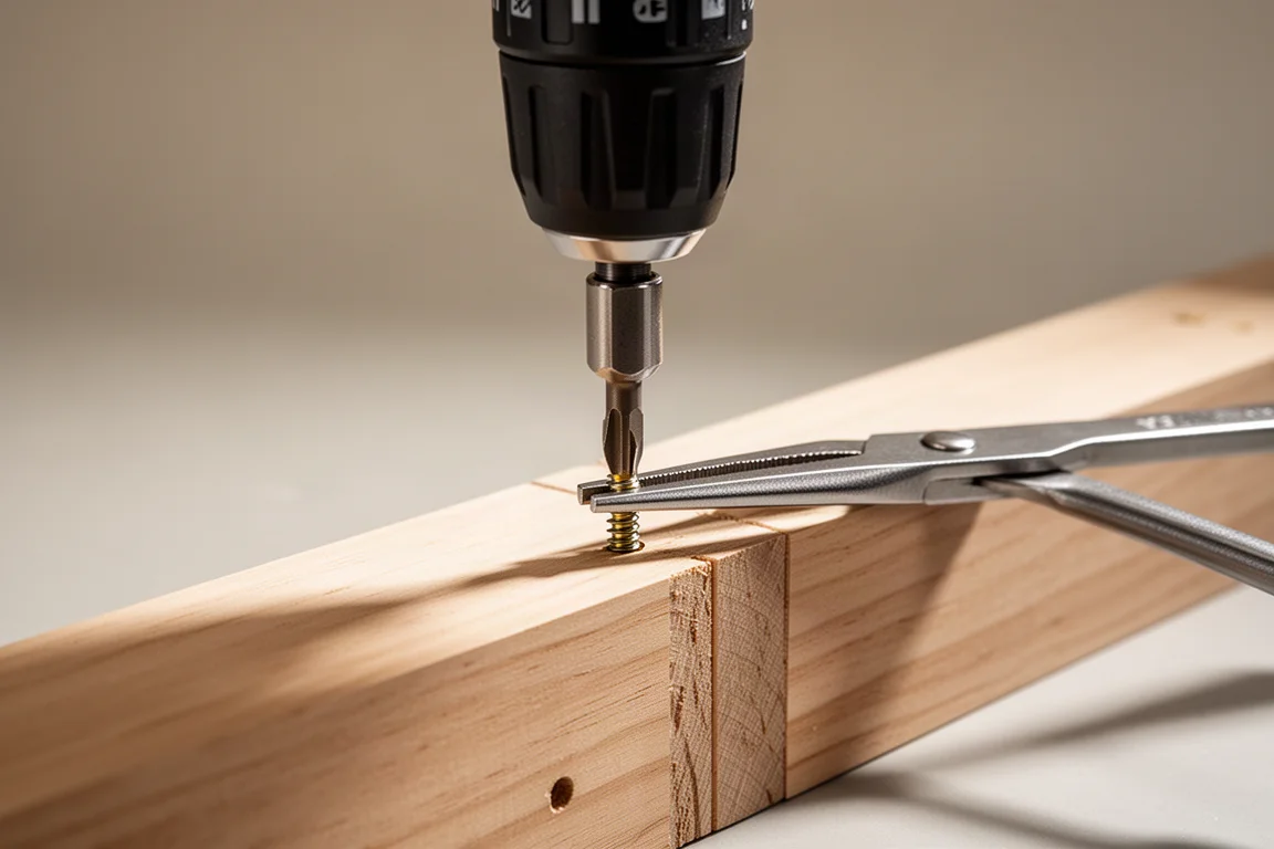 Power driver driving a slotted screw while a plier holds it steady
