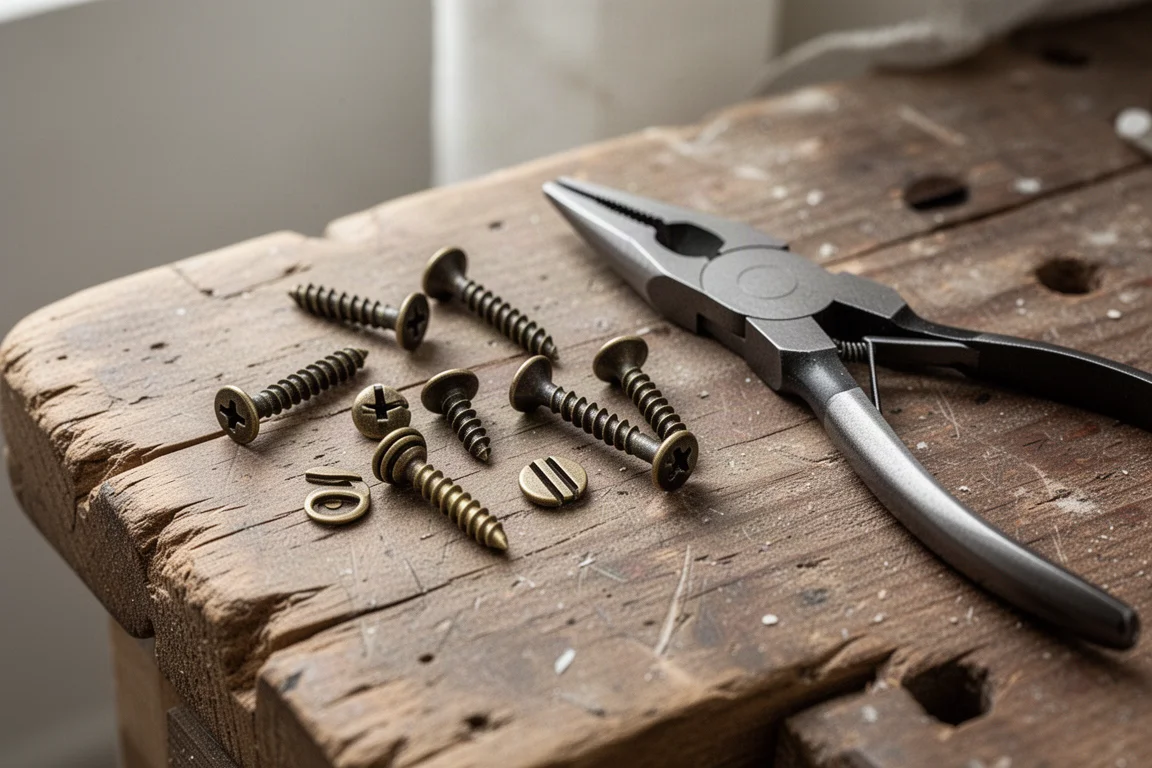 Tiny slotted screws from window blinds arranged on a workbench