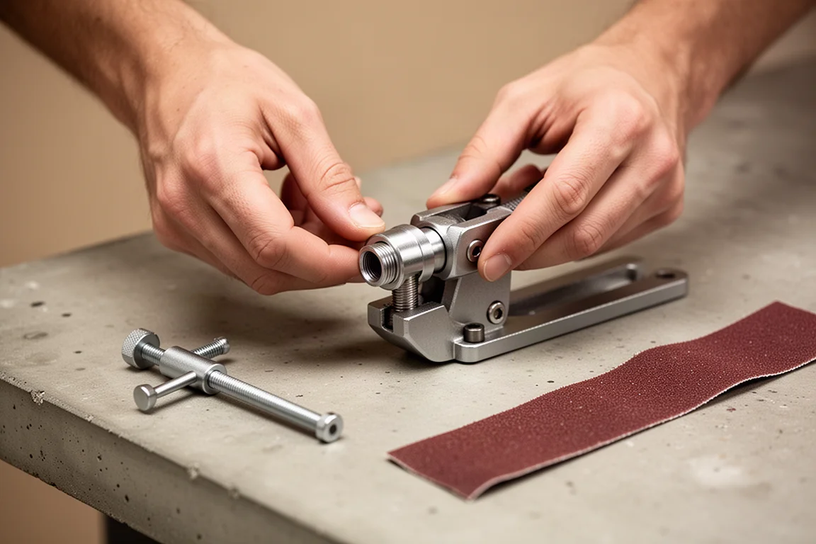 Person adjusting the pivot coupler of a plier with a small wrench