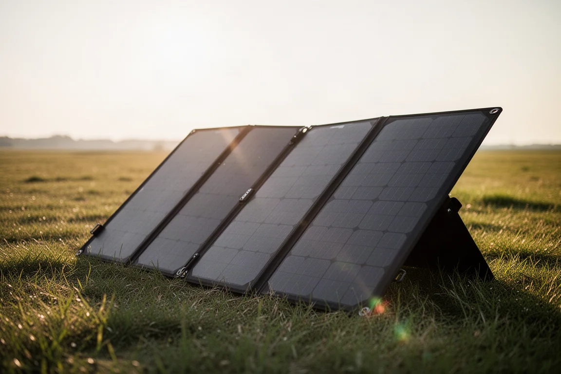 Compacte draagbare zonnepanelen gericht naar de zon in een open veld