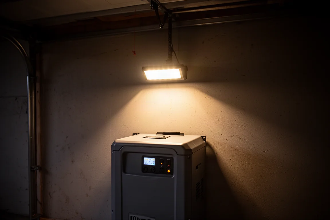 Fel LED-licht van een powerstation dat een donkere garage verlicht