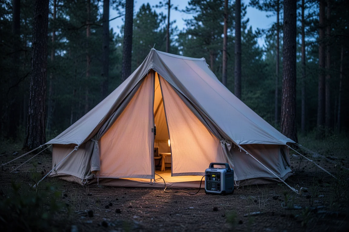 Tent op de camping in de schemering met warme binnenverlichting
