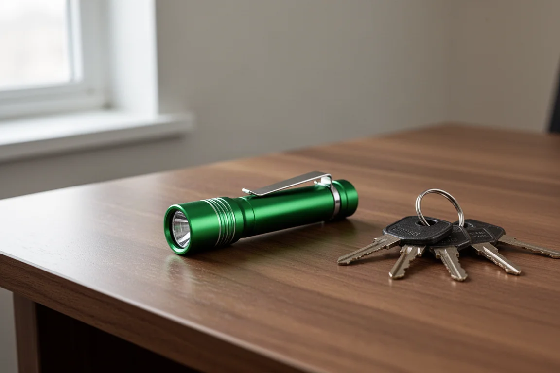 Flache Aluminium-EDC-Taschenlampe liegt auf einem Holzschreibtisch im weichen Fensterlicht