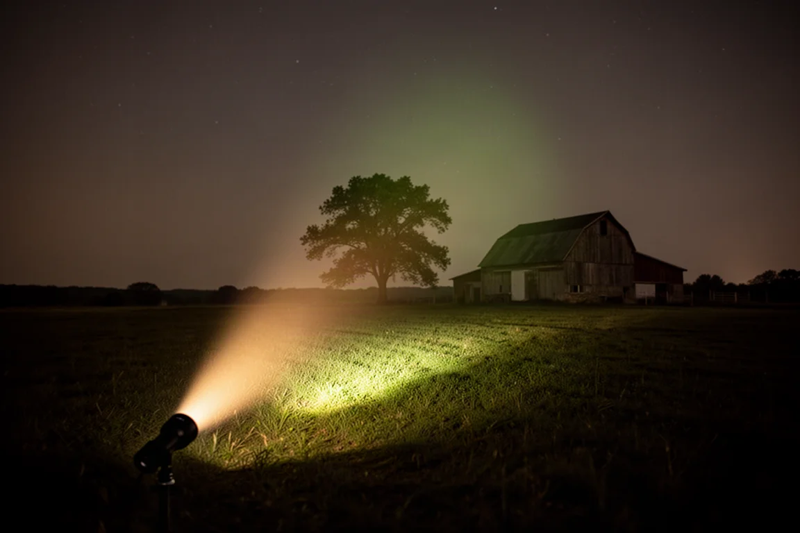 Warmweißer Taschenlampenstrahl beleuchtet nachts eine dunkle Szene im Freien