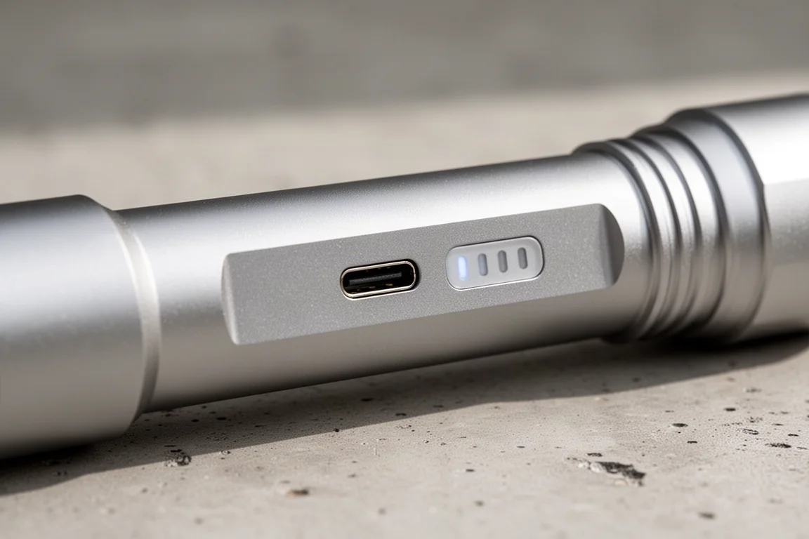 USB-C-Ladeanschluss und Batterieanzeige an der Seite einer EDC-Taschenlampe