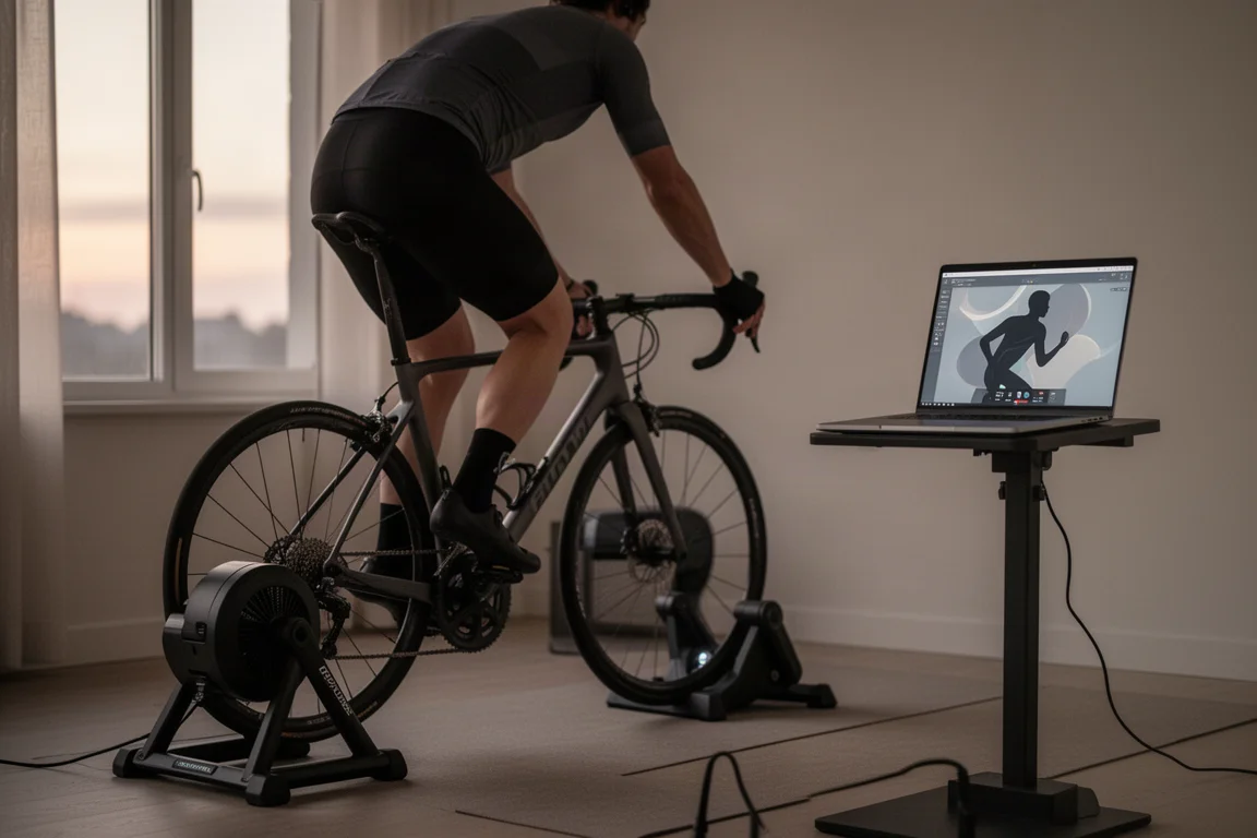 Thuisfieter op een direct drive trainer die een workout voorbereidt in een schemerige woonkamer