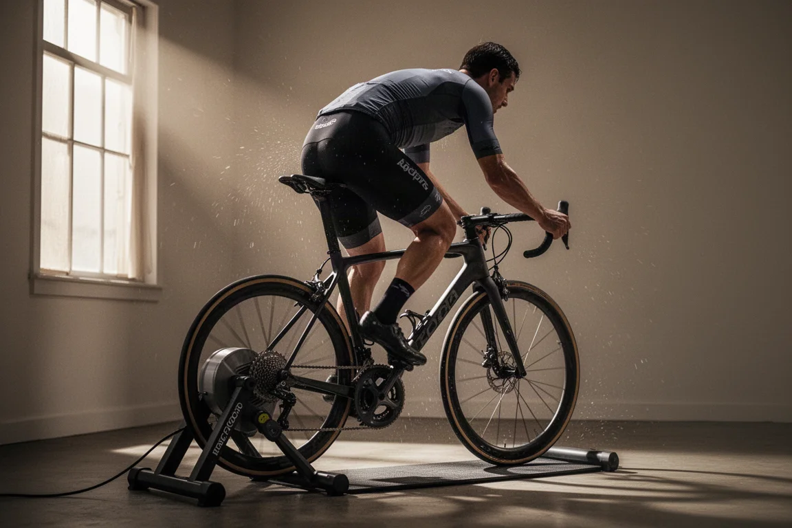 Fietser die hard sprint tijdens een indoor intervaltraining