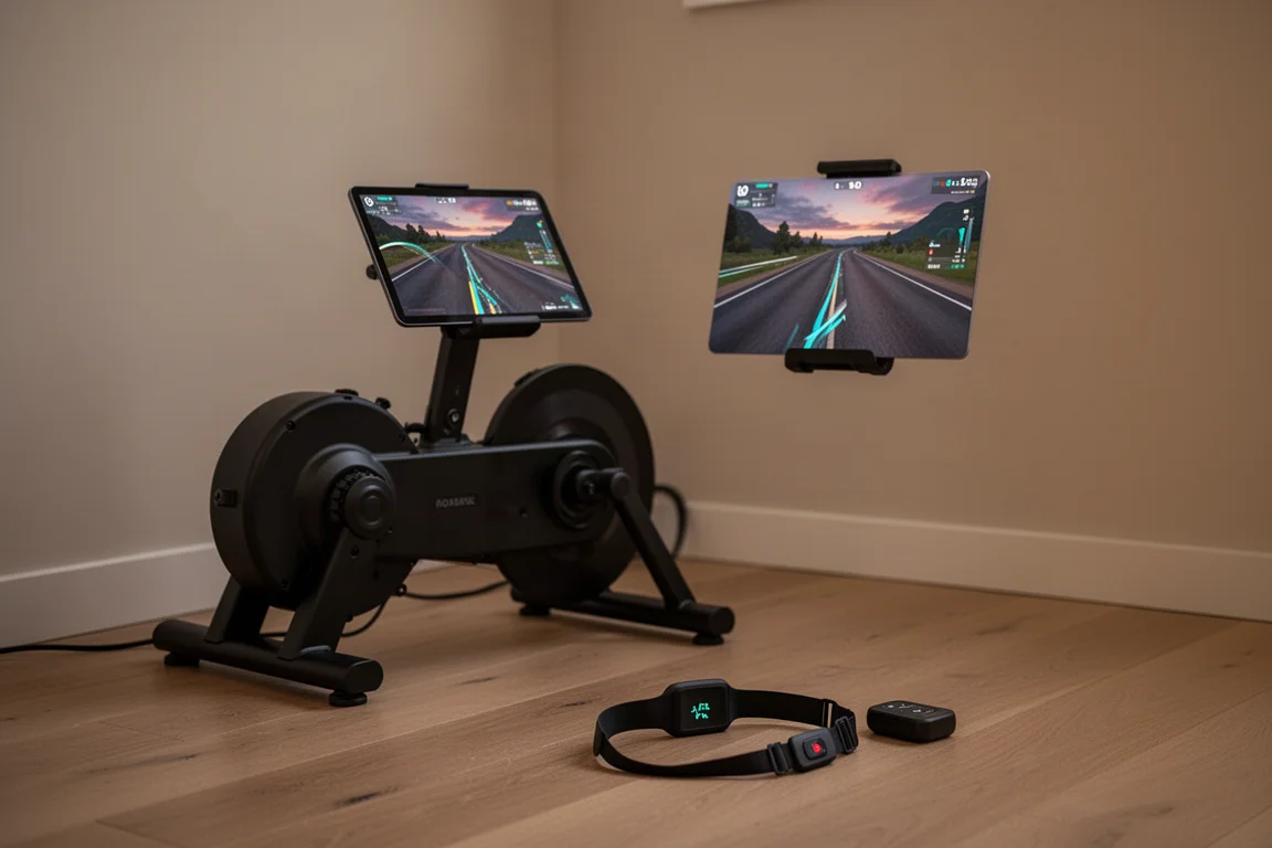 Stille thuis-trainersetup met via Wi-Fi verbonden tablet die een virtuele rit toont