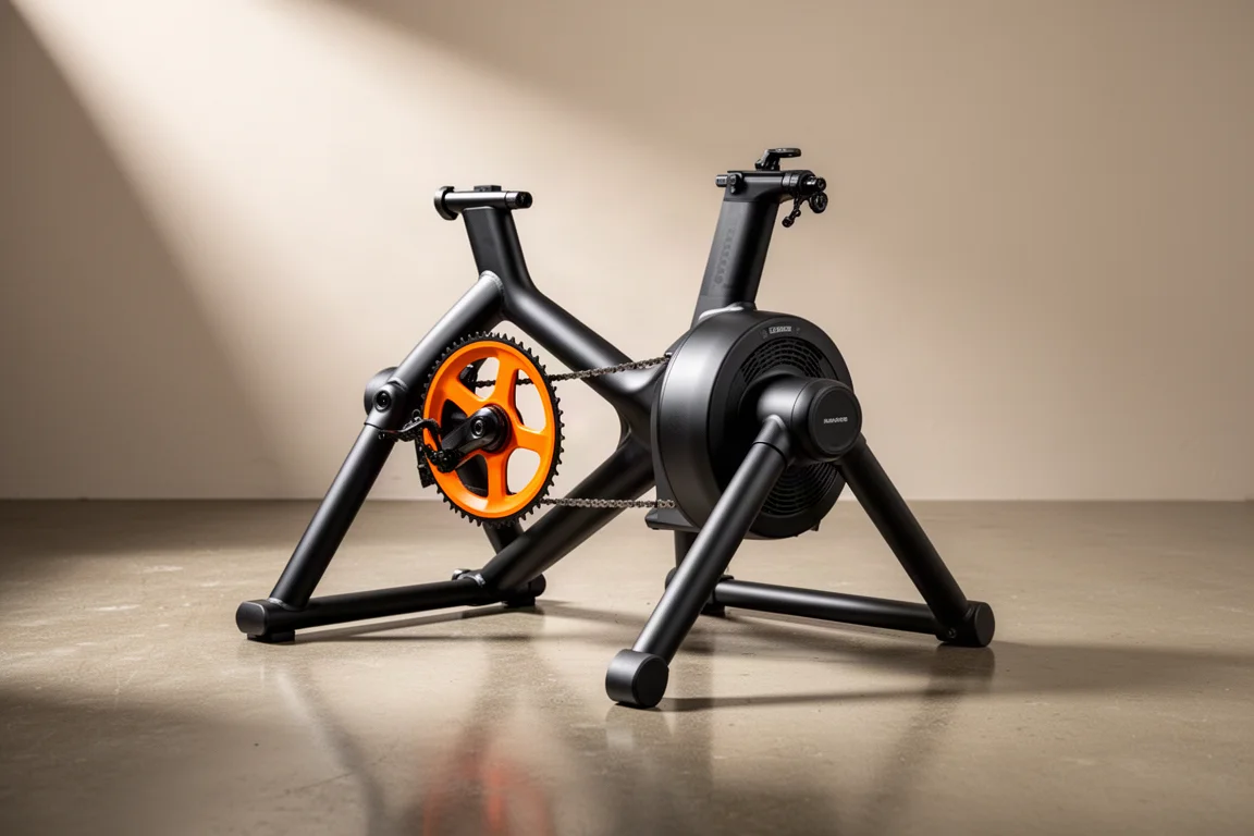 JetBlack Victory direct drive smart trainer con pignone dai dettagli arancioni su un pavimento in cemento