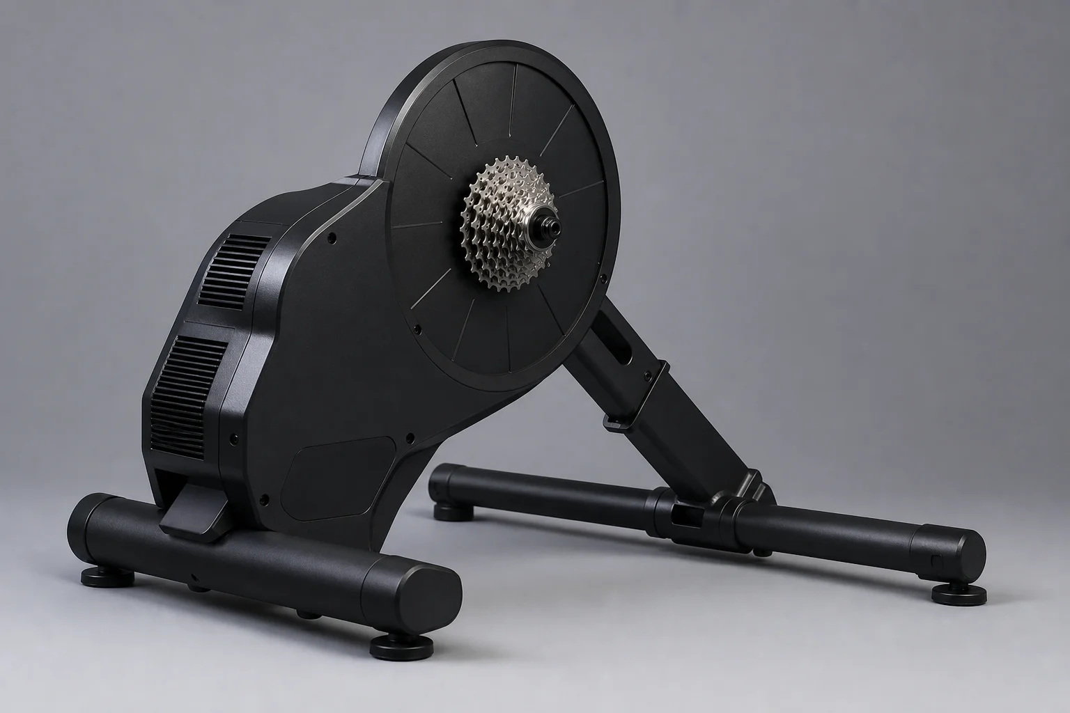 Cycling accessories flat-lay including carbon wheels, handlebar light, and bib shorts on concrete