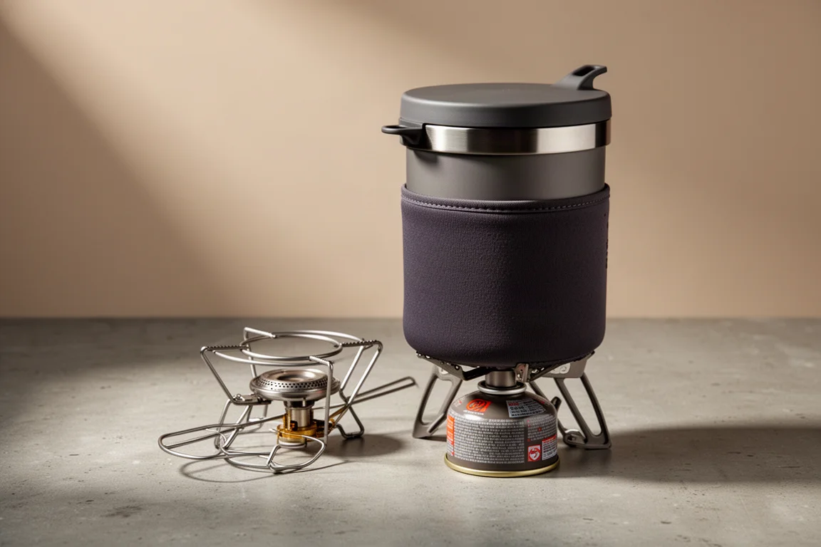 Compact all-in-one camping stove with cylindrical cup, lid and folded burner on concrete