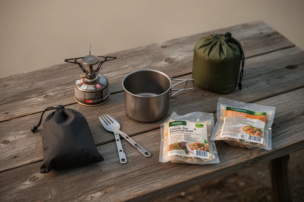 Vista dall'alto di un kit da cucina da campeggio per backpacking su un tavolo di legno consumato