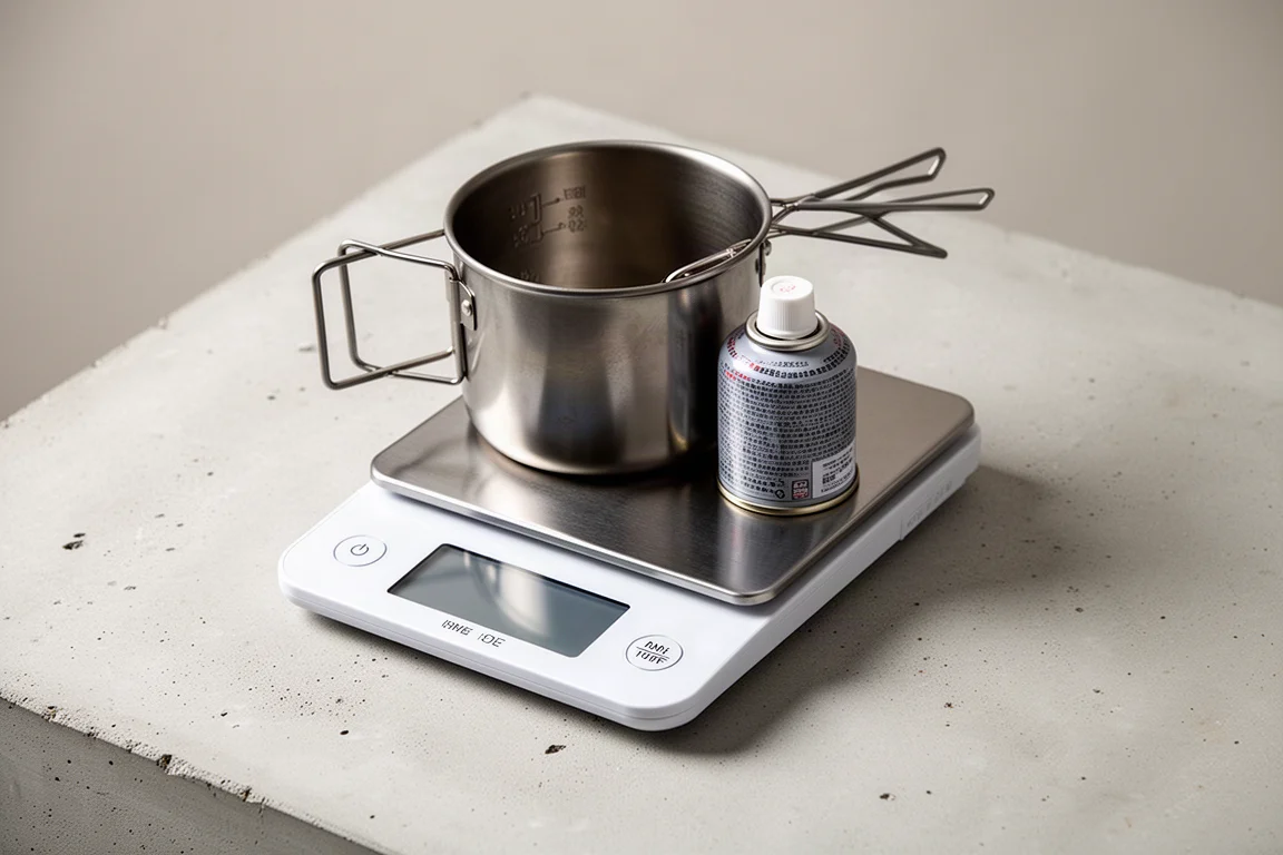 Bilancia da cucina digitale che pesa una pentola da campeggio e una piccola cartuccia di combustibile