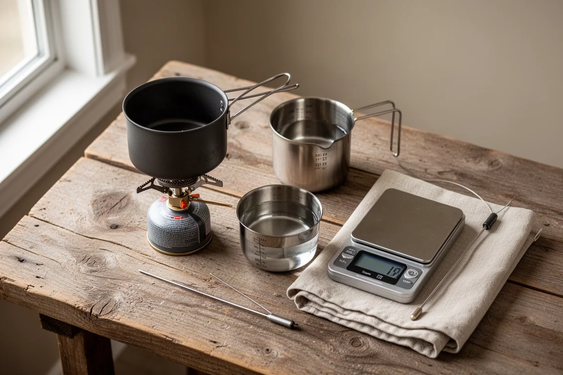 Draufsicht auf ein Wanderkoch-Setup mit Topf, Messbecher, Waage und Thermometer