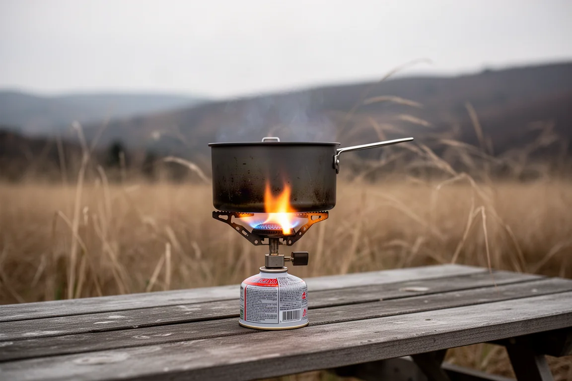Kleiner Gaskartuschenkocher brennt unter einem Topf mit Rippen auf einem Tisch im Freien bei Wind