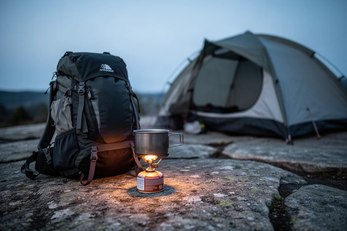 Abendliche Campszene mit brennendem Gaskocher, gepacktem Rucksack und Zelt in weichem Fokus