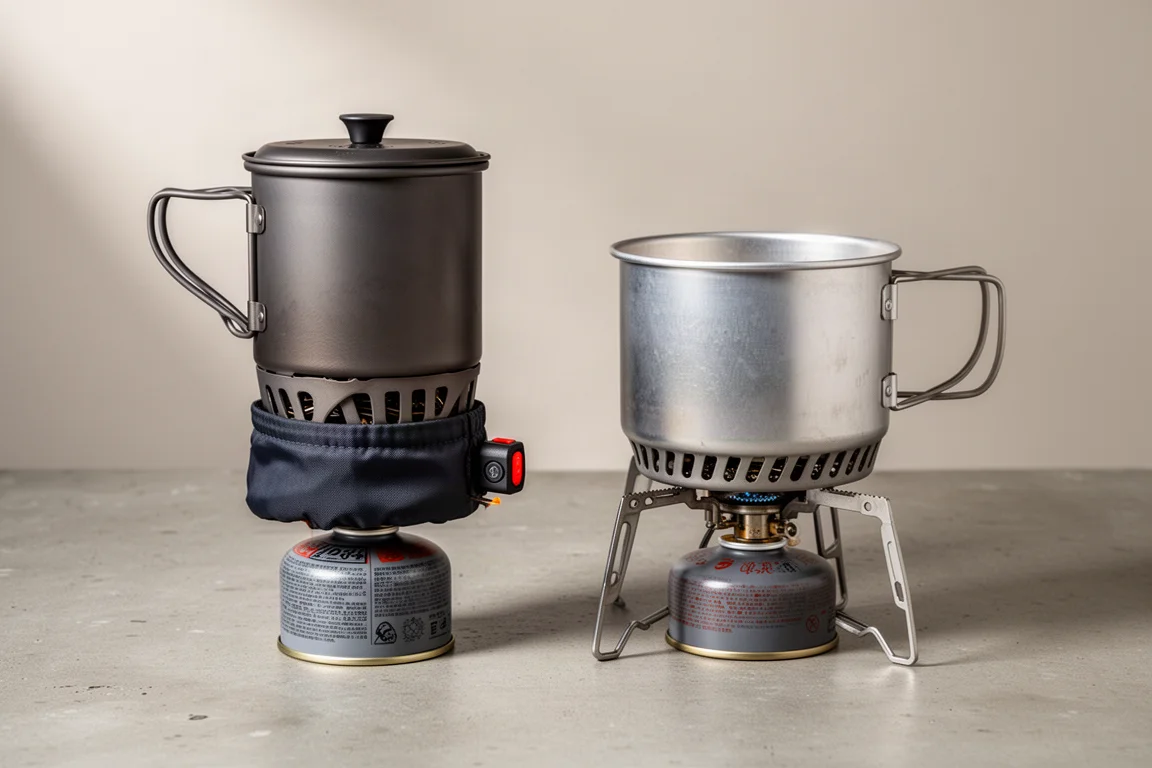 Jetboil Flash and a Fire Maple Petrel Pot with Green Peak stove side by side on concrete