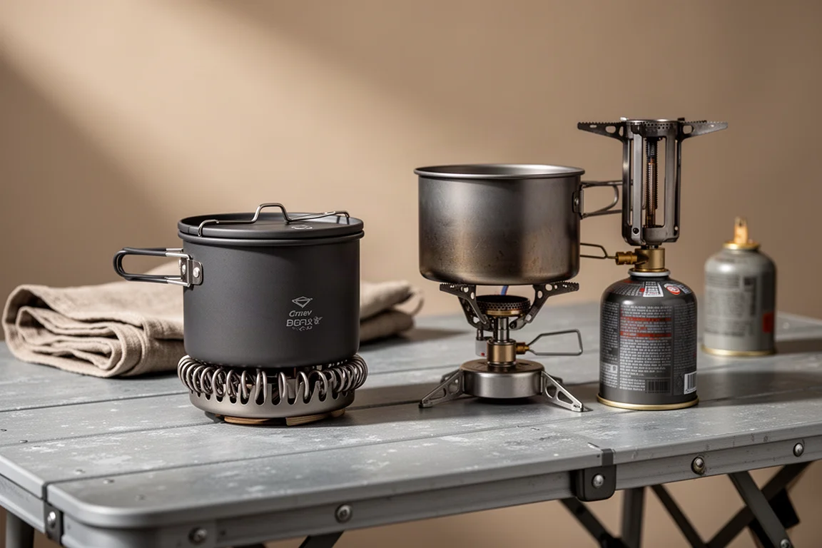 Two backpacking stove systems side by side on a weathered camp table