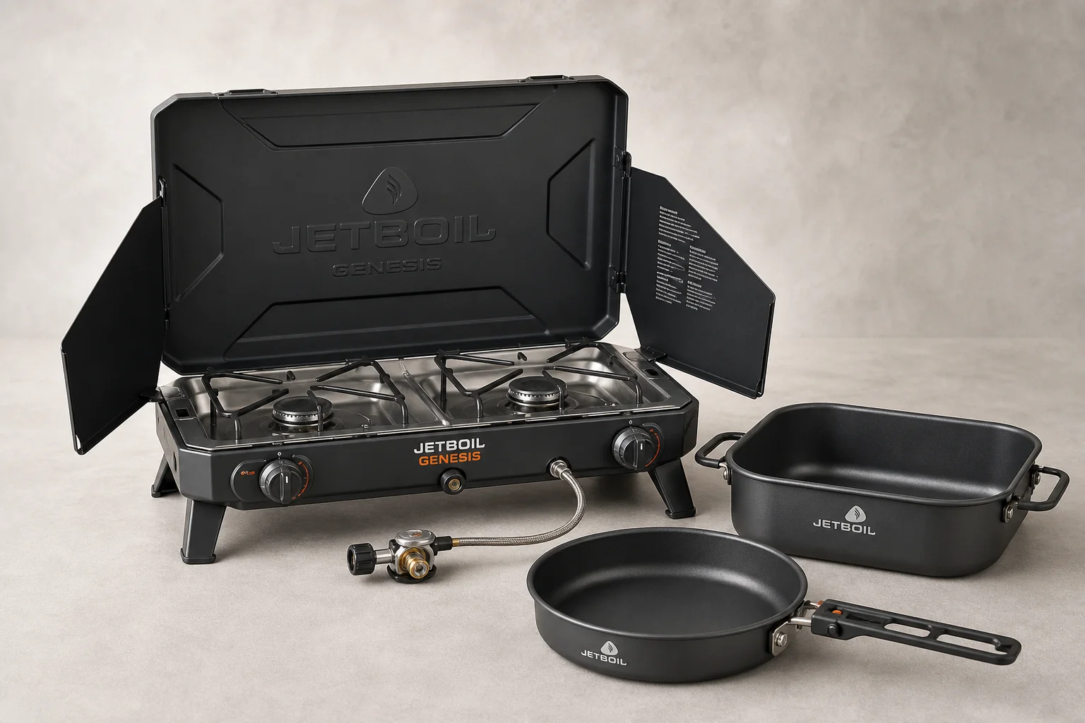 중립적인 배경에 놓인 Jetboil Genesis 듀얼 버너 캠핑 스토브와 포함된 조리 도구
