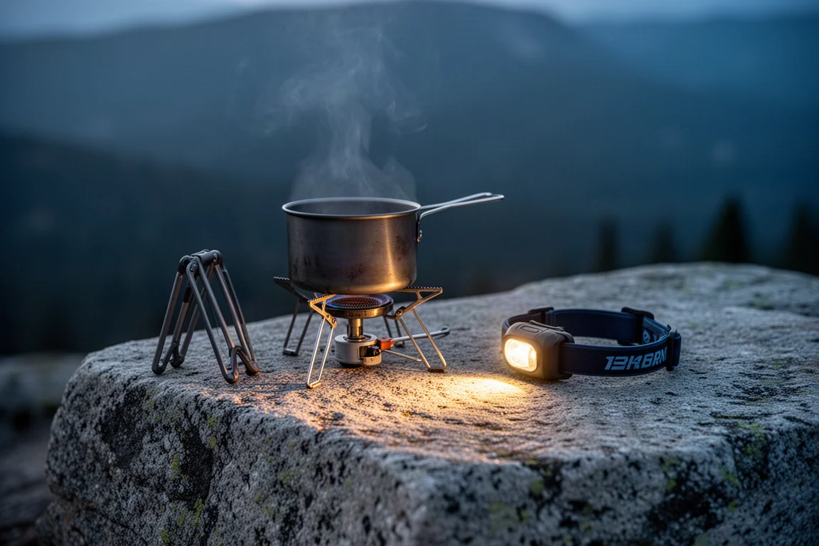 Camp kitchen on a granite ledge at dusk with a metal pot and warm light