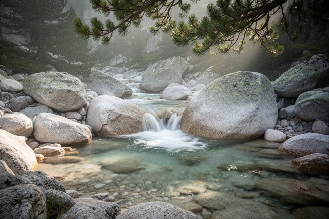 Clear alpine stream flowing over granite boulders in soft morning light