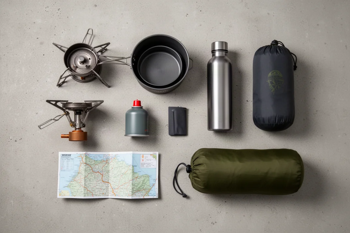Overhead flat-lay of a backpacking stove, pot, fuel canister and water bottle