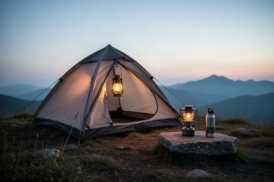 Lightweight tent on a grassy ridge at blue hour with a warm lantern glow