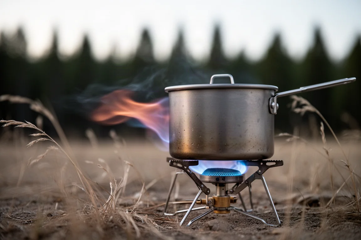 Blå brännarlåga som trycks åt sidan av vind under en kastrull på en blåsig campingplats