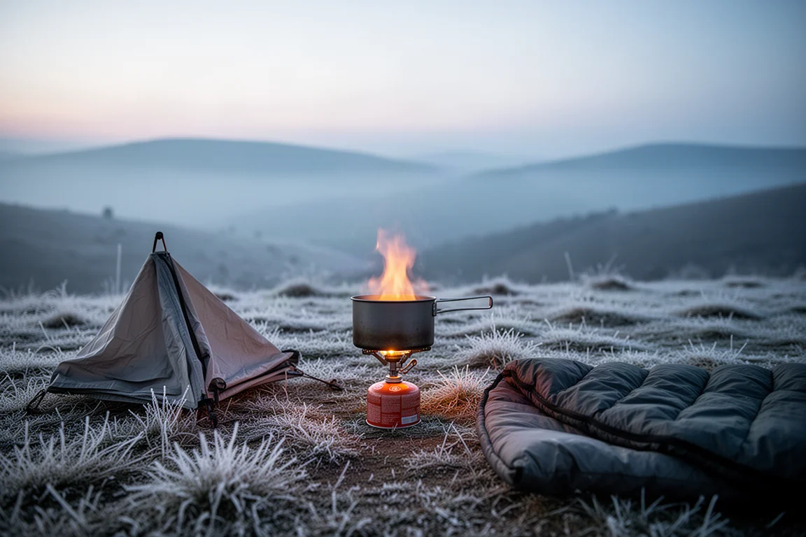 Kallväderscampingplats i skymningen med en liten brännare som brinner under en kastrull