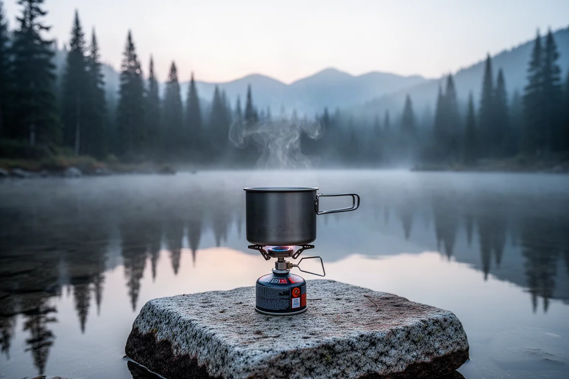 Remote canister stove on a granite slab beside a mountain lake at dawn