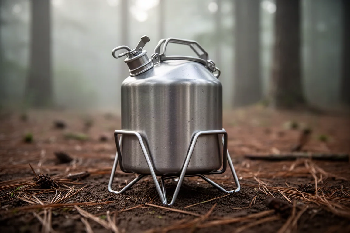Fuel canister locked into a low folding support stand on damp earth