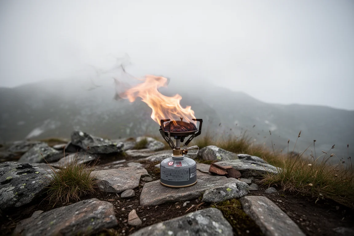 Stove flame bending sideways in a breeze on an exposed rocky campsite