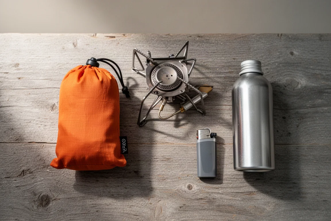Overhead flat lay of a stove kit pouch, fuel canister and lighter on wood