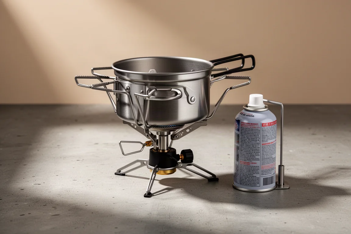 Compact stainless steel canister stove with isobutane canister on a concrete surface