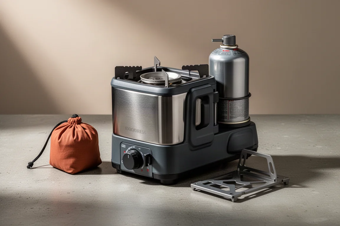 Compact stainless steel canister stove with regulator, stuff sack, and support stand on concrete