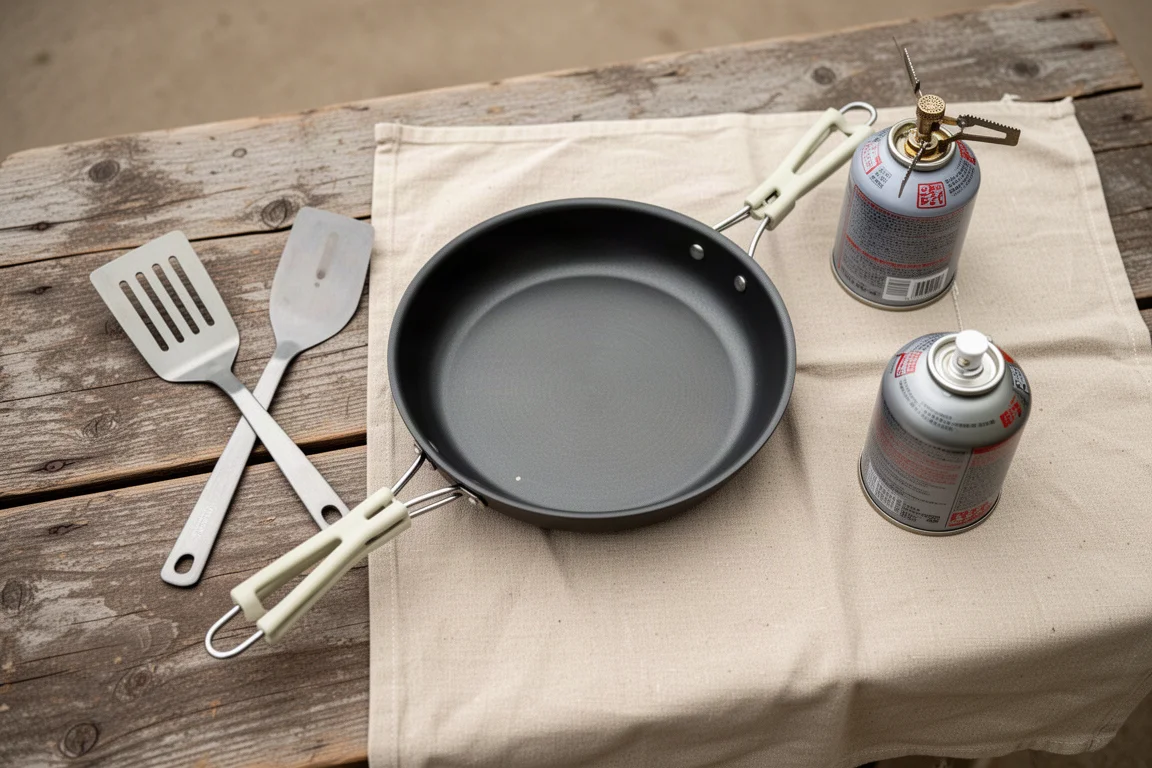 Camping-Bratpfanne und Pfannenwender auf einem verwitterten Holztisch mit einer Gaskartusche