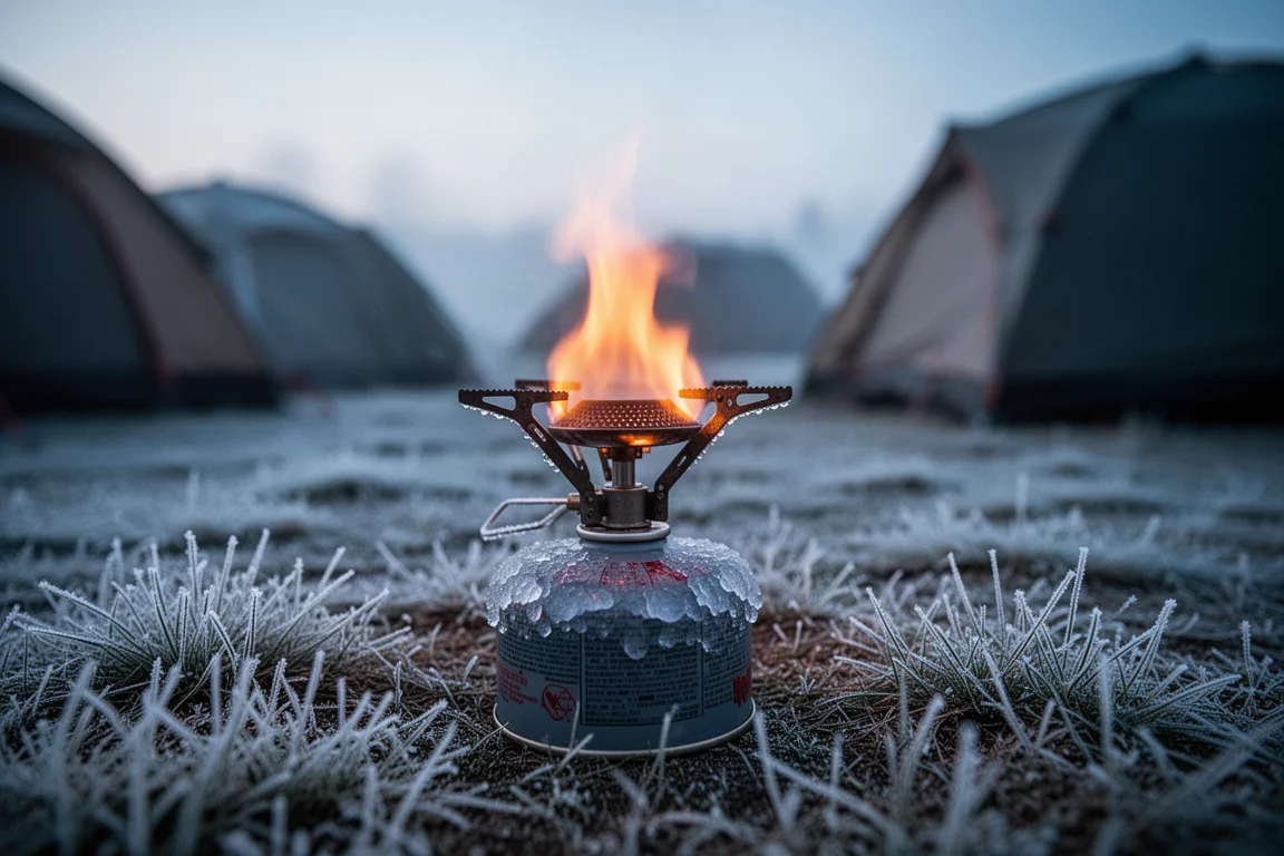 Campingkocher brennt in der frostigen Morgendämmerung auf einem Campingplatz mit Eis auf der Gaskartusche