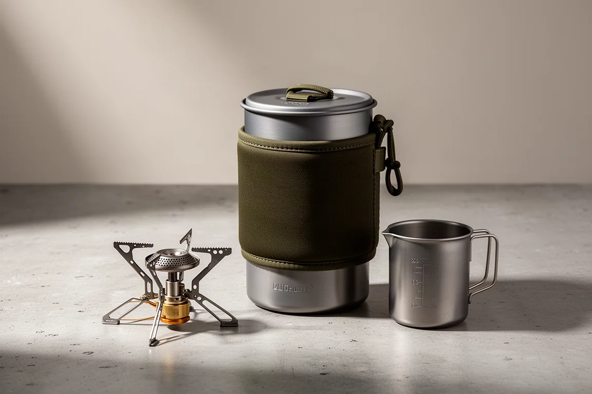 Compact all-in-one camping stove with pot, lid, burner base and canister stand on concrete