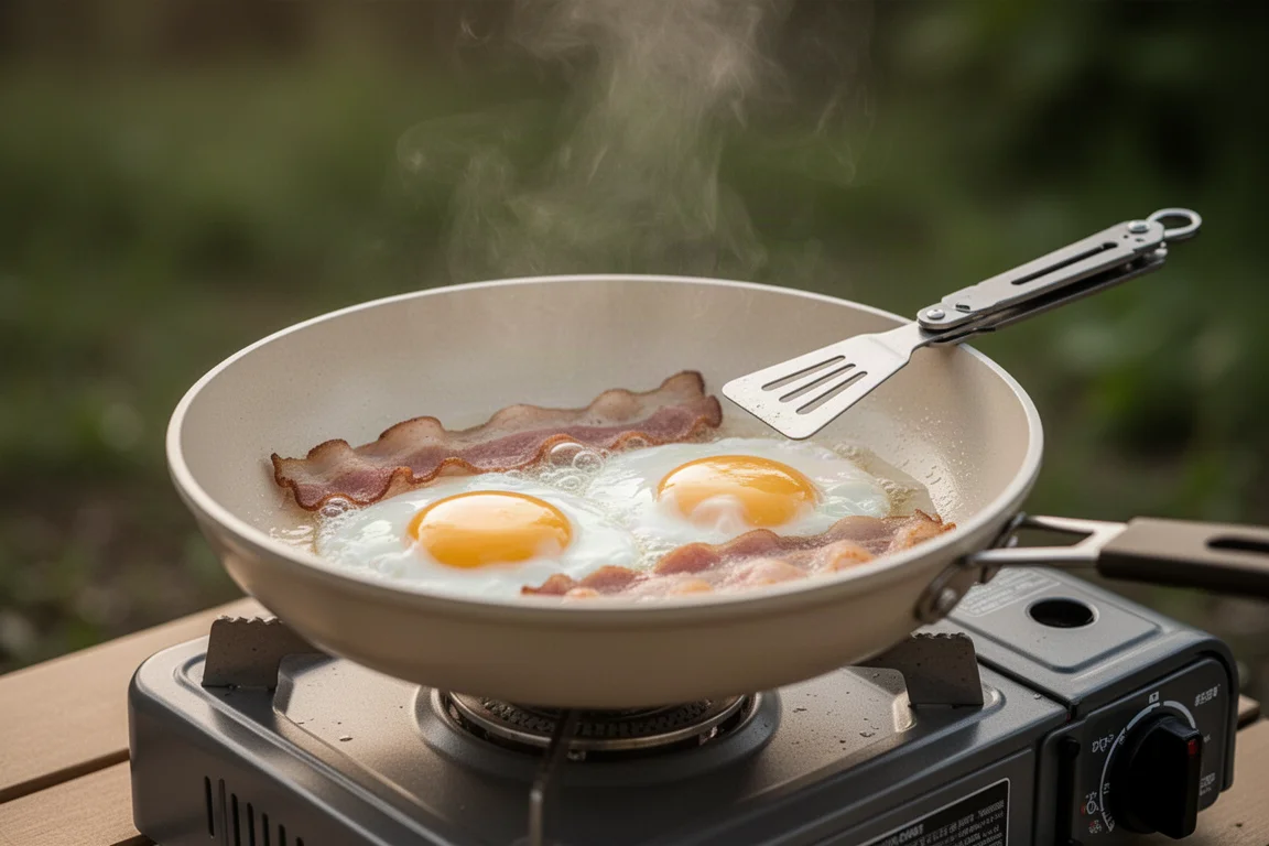 Bacon och ägg som steks i en campingstekpanna på ett kompakt kök