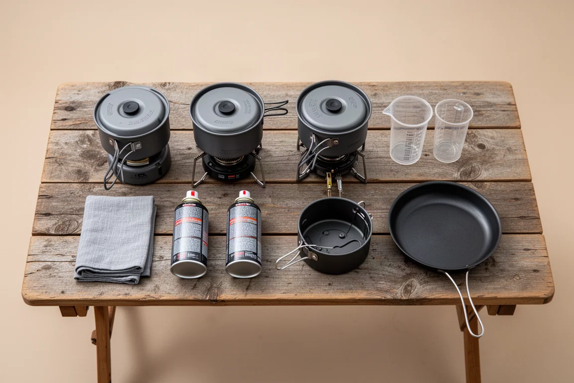 Flat lay av två packade campingkökssystem och kokkärl