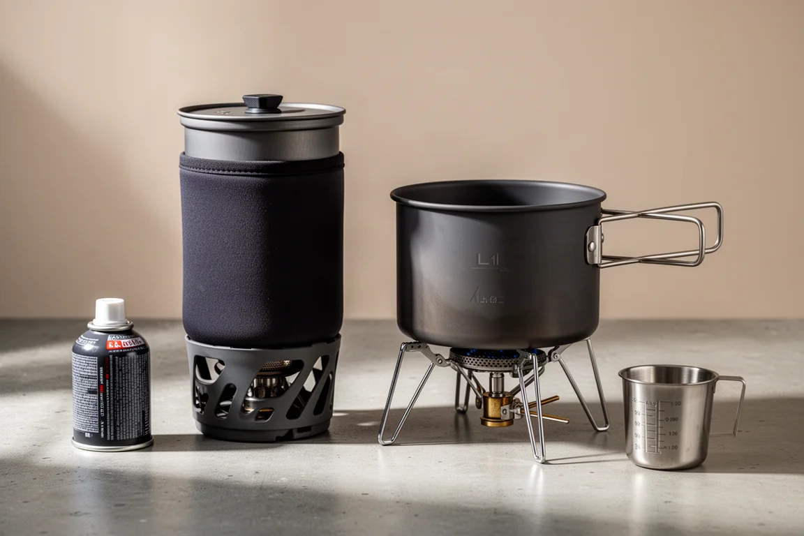 Two integrated canister camping stoves side by side on a concrete surface