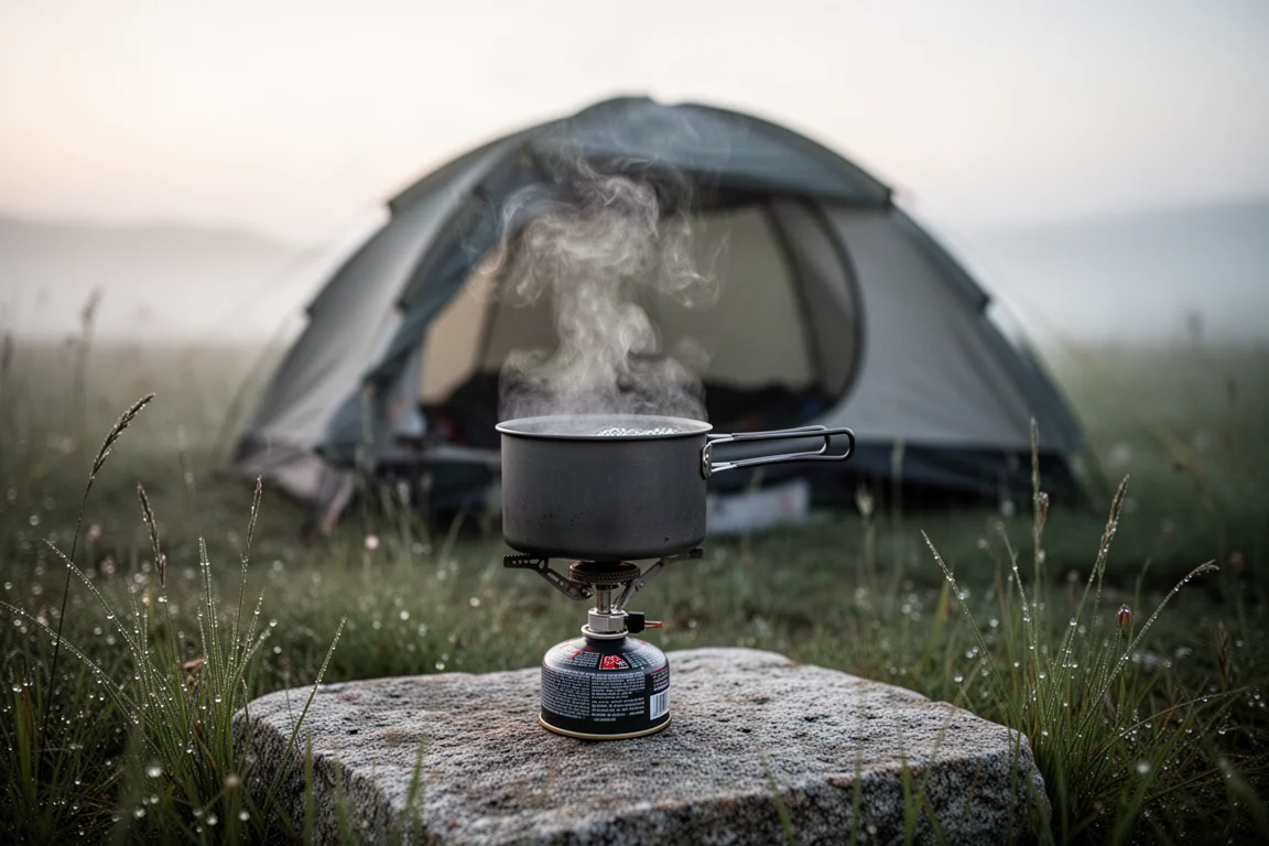 Vapor saliendo de una olla de agua hirviendo en un campamento al amanecer con una tienda detrás