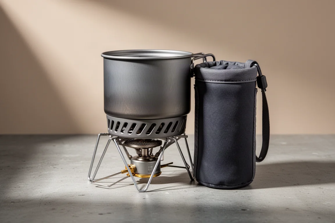 Integrated backpacking stove system with pot, sleeve, stand and burner on concrete