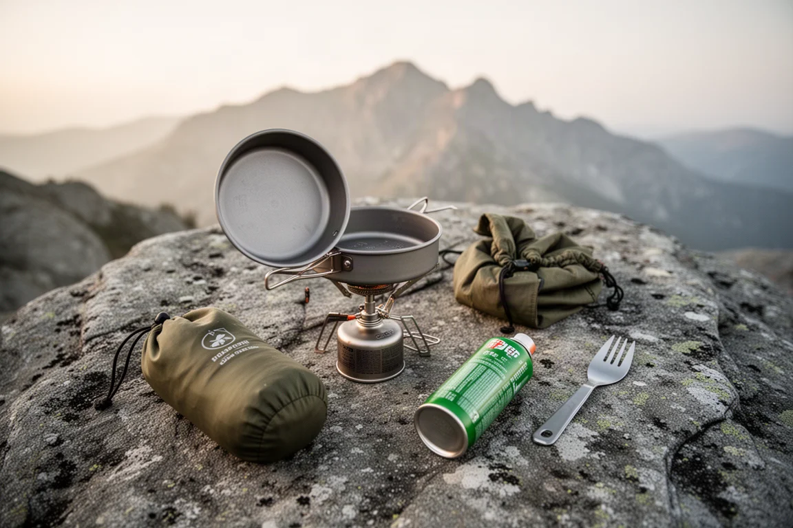 Conjunto de cozinha ultraleve desmontado sobre uma rocha de granito em um acampamento de montanha com neblina