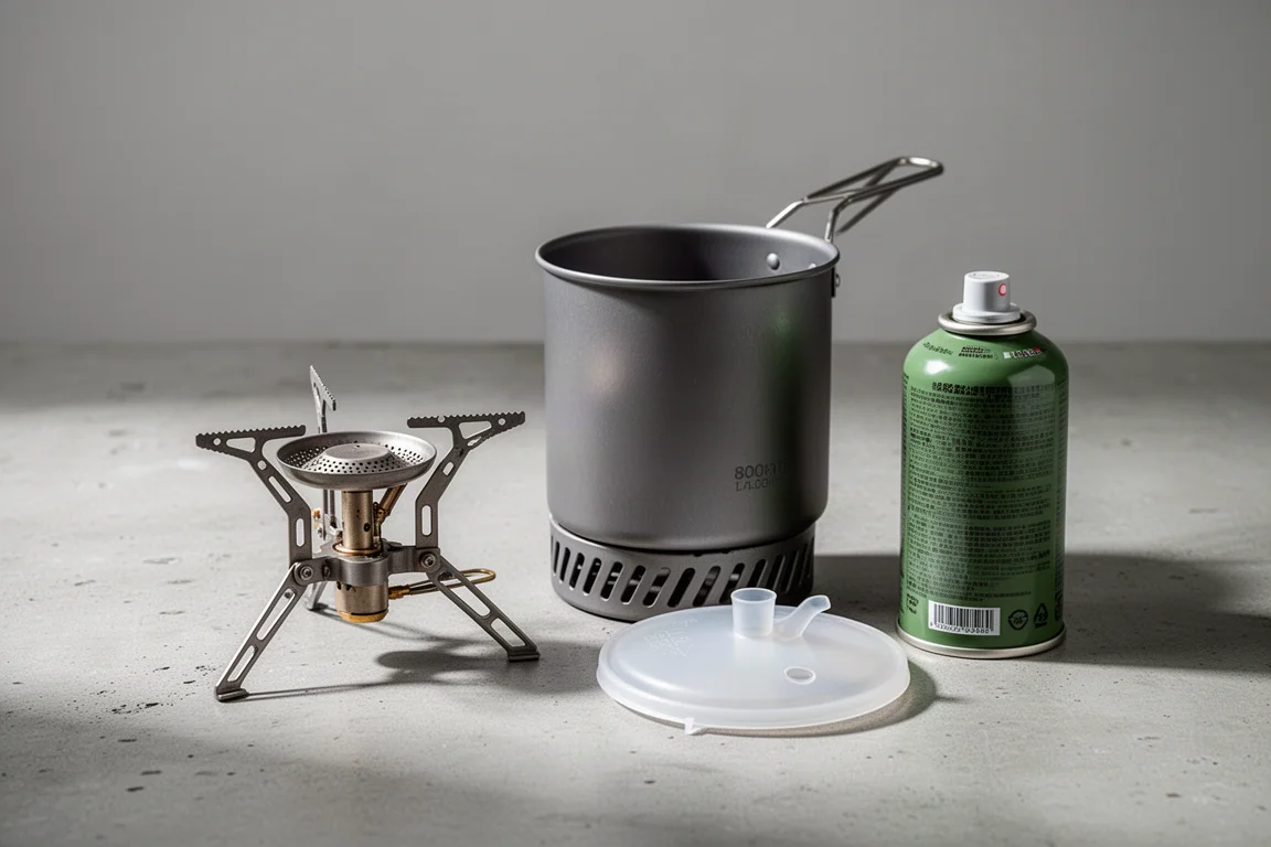 Ultralight canister camping stove kit with titanium burner, aluminium pot and gas canister