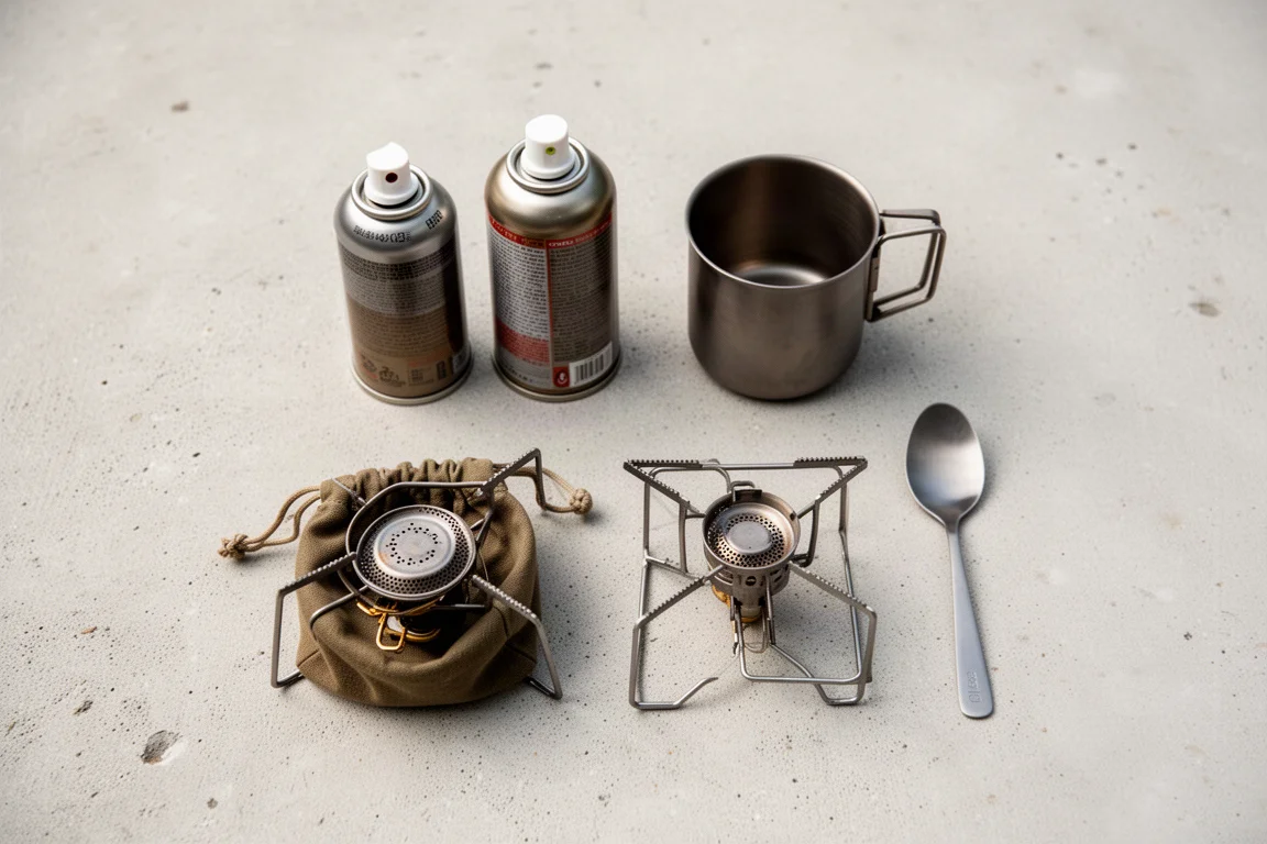 Composição plana de cartuchos de gás, caneca de titânio, fogareiro dobrado e garfo-colher sobre concreto