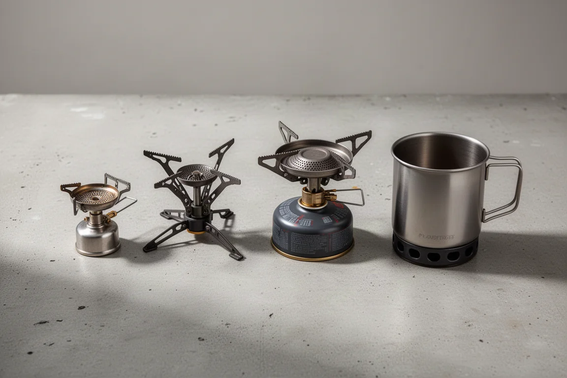 Four compact backpacking canister stoves and a titanium mug on a concrete surface