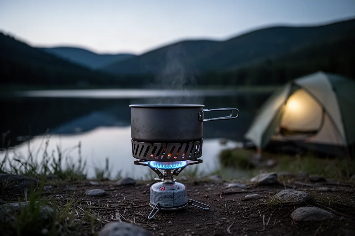 Campingtopf mit Wärmetauscherboden auf einem Brenner an einem Seeufer in der Abenddämmerung